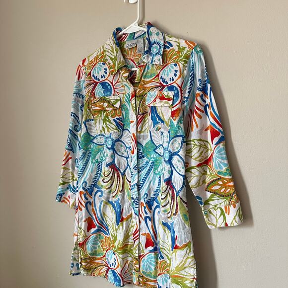 Chico's Tunic Blouse XS Linen Blend Tropical Print Colorful Summer Lightweight - Picture 4 of 9